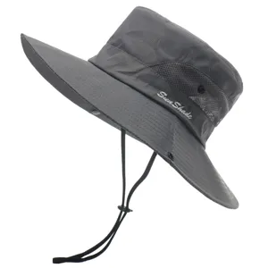 Detailed view of the dark grey outdoor sun hat with breathable mesh and adjustable strap.