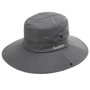 Detailed view of the gray outdoor kids sun hat showing breathable mesh panels and wide brim.