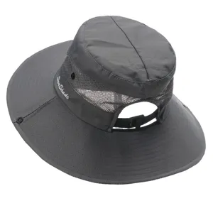 Dark grey outdoor sun hat detail featuring breathable mesh, ponytail hole, and strap.