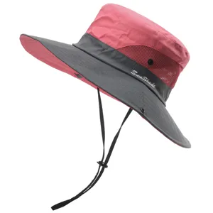 Kids outdoor sun protection bucket hat with mesh breathable panels and adjustable chin strap.