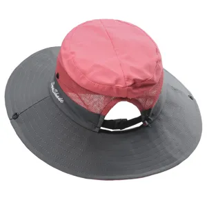 Kids outdoor sun hat with ponytail hole, pink mesh top and wide brim for hiking.