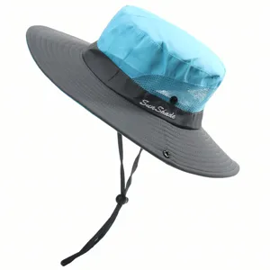 Kids outdoor sun hat detail showing breathable mesh, wide brim, and adjustable chin strap.
