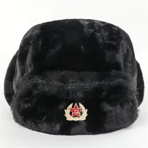 Black faux fur ushanka winter hat with Soviet red star badge warm earflap trapper cap