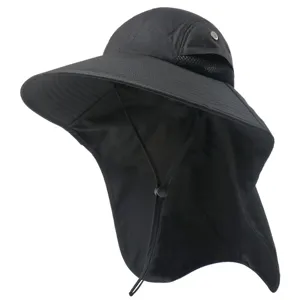 Unisex outdoor sun hat with neck flap, UV protection, breathable mesh, and adjustable chin strap.