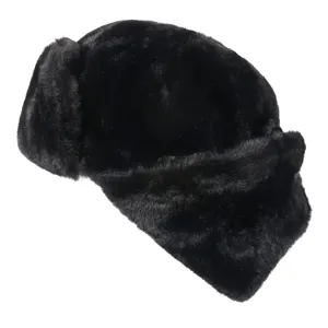 Black faux fur ushanka hat, winter warm bomber hat with earflaps for outdoor cold weather.