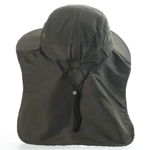 Outdoor sun protection hat neck flap detail view, breathable and lightweight fabric.
