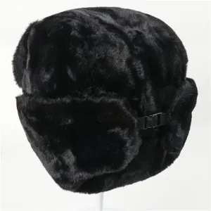 Black faux rabbit fur ushanka winter hat with earflaps and adjustable strap for outdoor cold.