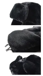 Detailed close-up of thick black faux fur ushanka hat showing soft texture and secure buckle.