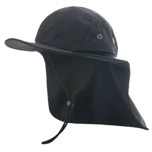 Black outdoor sun protection hat with neck flap, waterproof fisherman cap for UV defense.