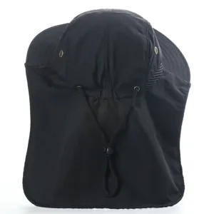 Black outdoor sun protection hat detail, neck flap and adjustable cord for hiking camping.