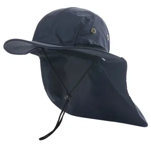 Unisex outdoor sun protection hat with neck flap, waterproof navy blue fisherman cap.