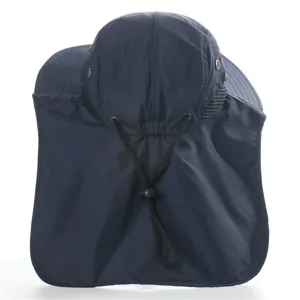 Outdoor sun protection hat detail showing the neck flap, breathable mesh, and adjustable cord.
