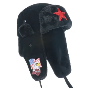 Warme Winter Ushanka Mütze mit rotem Stern und Adler Aufnäher, dicke Bombermütze für Herren.
