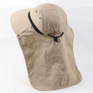 Unisex outdoor sun protection hat with neck flap, breathable mesh and adjustable drawstring.
