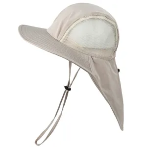 Outdoor sun protection hat with neck flap, breathable mesh panels, and adjustable chin strap.