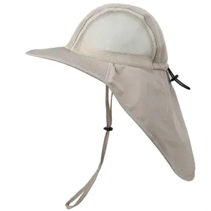 Outdoor sun protection hat detail showing mesh breathable panel, neck flap, and cord.