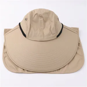 Khaki outdoor sun protection hat with neck flap, breathable mesh and ripstop fabric detail.
