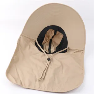 Khaki outdoor sun protection cap with wide brim and neck flap for hiking, fishing, and travel.