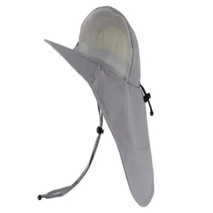 Grey outdoor sun protection hat detail showing mesh top and neck flap for UV protection.