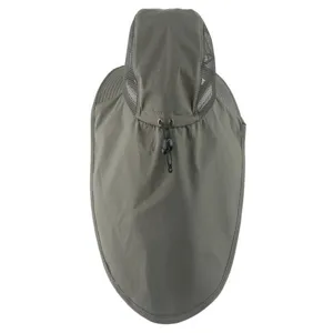 Outdoor sun protection hat with neck flap, breathable mesh top, and adjustable drawstring cord.