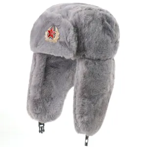 Grey faux rabbit fur ushanka winter hat with Soviet red star badge ear flaps warm