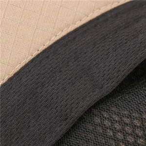 Close up detail of outdoor sun hat fabric, breathable mesh and elastic band, durable texture.