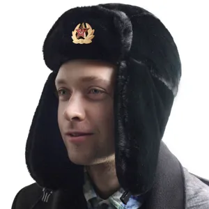 Classic Soviet Ushanka hat with faux fur, warm winter trapper cap for outdoor cold weather.