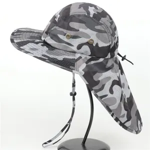 Outdoor camo sun hat detail showing breathable eyelets, adjustable wind rope, and neck flap.