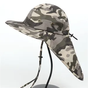 Unisex camouflage outdoor sun hat with neck flap, waterproof and UV protection fisherman cap.