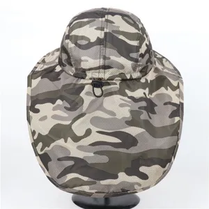 Detailed view of the camouflage outdoor sun hat with neck flap for complete UV protection.