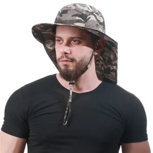 Unisex outdoor sun protection hat with neck flap, waterproof UV camo fisherman hat for hiking.