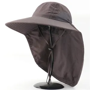 Detail view of unisex outdoor sun protection hat with neck flap and breathable mesh panel.