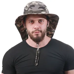 Detail view of outdoor camo sun hat with neck flap, showing wide brim and adjustable chin cord.