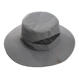 Detailed view of grey outdoor sun protection quick drying bucket hat with breathable mesh panel.