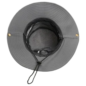 Detailed top view of grey outdoor mesh sun hat, breathable hiking fishing bucket hat.