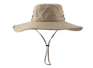 Detailed shot of a solid khaki wide-brim outdoor sun hat with adjustable chin strap.