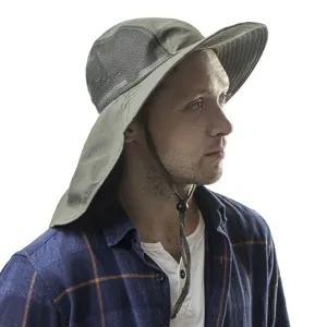 Outdoor sun protection bucket hat with neck flap, breathable mesh, and adjustable chin strap.