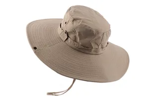 Khaki wide brim sun hat for outdoor hiking, breathable fisherman cap with windproof chin strap.