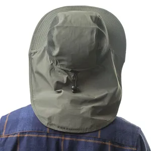 Unisex outdoor sun hat with neck flap, breathable mesh top, and adjustable drawstring.