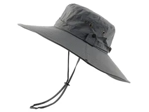 Detail view of unisex summer outdoor waterproof wide-brim sun protection bucket hat in grey.