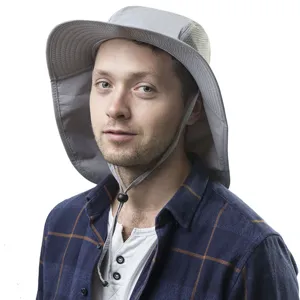 Close-up detail of outdoor sun protection hat with neck flap and breathable mesh