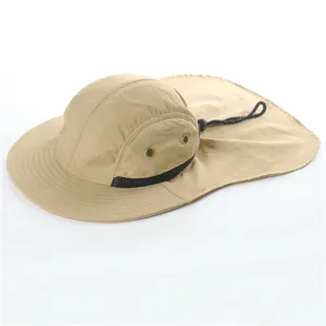 Detail view of khaki outdoor sun hat with neck flap, breathable mesh and adjustable drawcord.