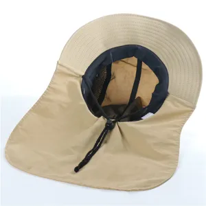 Detailed view of khaki outdoor sun hat with neck flap, breathable mesh lining and wind cord.
