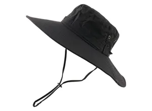 Unisex waterproof wide brim bucket hat, outdoor sun protection hiking fishing cap in black.