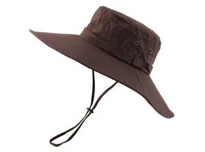 Detailed view of the wide-brim sun hat with adjustable chin strap and breathable eyelets.