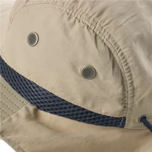 Detailed close-up of a khaki outdoor sun hat with breathable mesh and ventilation eyelets.