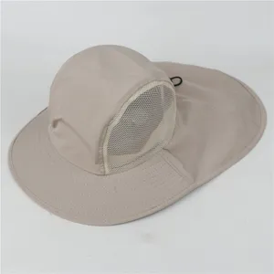 Detail view of the outdoor sun protection hat with neck flap and mesh panels for summer hiking.