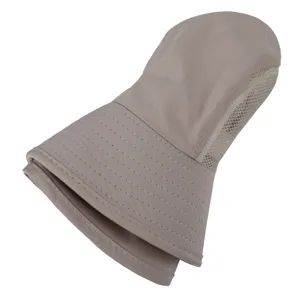 Detail view of khaki outdoor sun hat with neck flap and breathable mesh sides for outdoor.
