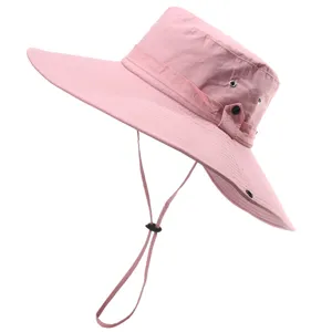 Pink wide brim sun hat with windproof chin strap, breathable outdoor fishing bucket hat.