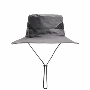 Detail shot of grey breathable sun protection bucket hat with mesh and adjustable cord